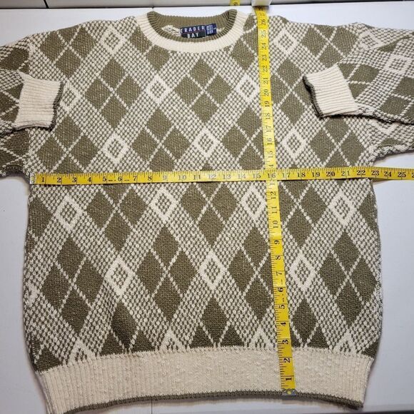Trader Bay Vintage Argyle Knit Cotton Sweater Crewneck Sage Off White Men's L - Picture 7 of 8